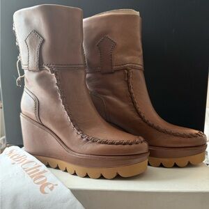 See By Chloe Tan Leather Wedge Boots